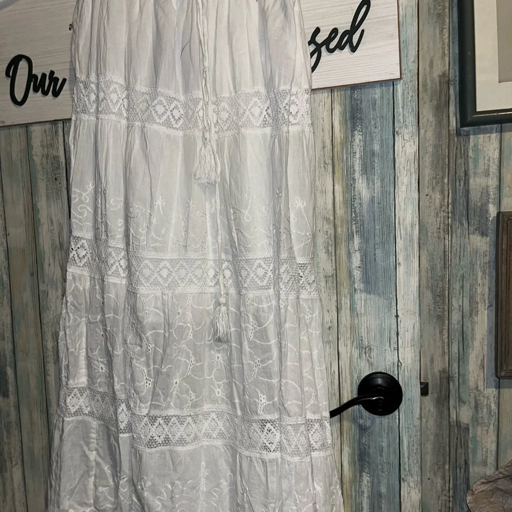 White Waves L/XL White Eyelet Maxi Skirt with Tassel Drawstring